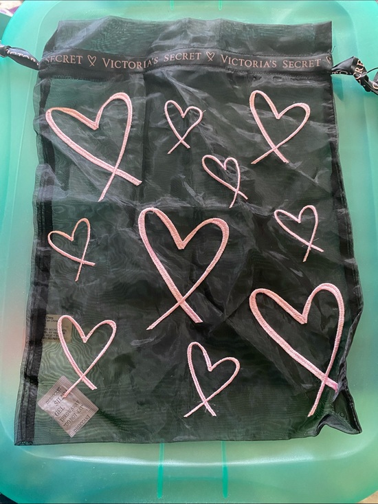 Victoria's Secret Handbags - Victoria's Secret Mesh Black Lingerie Drawstring Tote with Pink Heart Embroidery